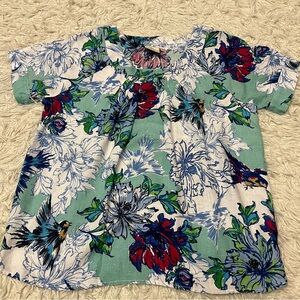 Lantana Casuals Linen Multi Color Floral Scoop Neck Short Sleeve Shirt M NWOT